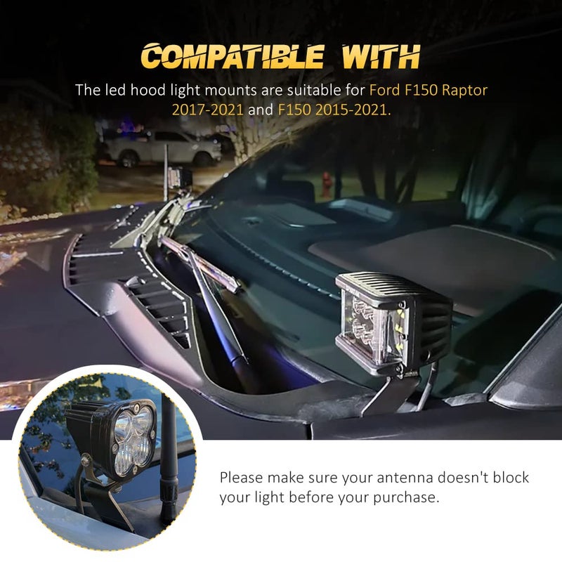Samman Hood Light Mount Brackets, Ditch Light Front A-Pillar LED Mounts LED Cube Work Pods Mounting Brackets Compatible with F150 Raptor 2017-2023 F150 2015-2023 - Image 2